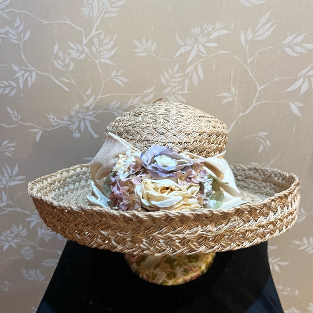 Toucan Collection Straw Hat with Flowers & Raw Silk Ribbon